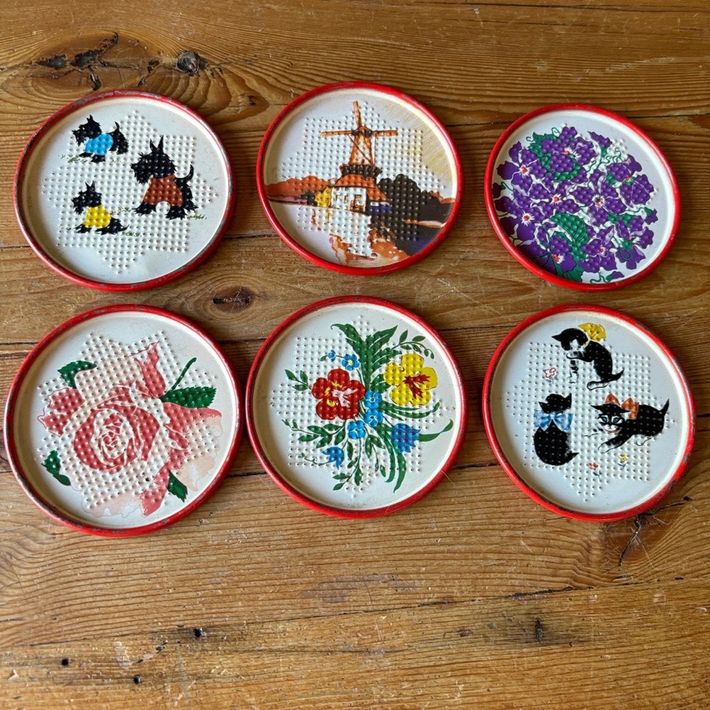 Vintage 1950s Coasters, feat. Scottie dogs, and cats, metal, tin, punched design